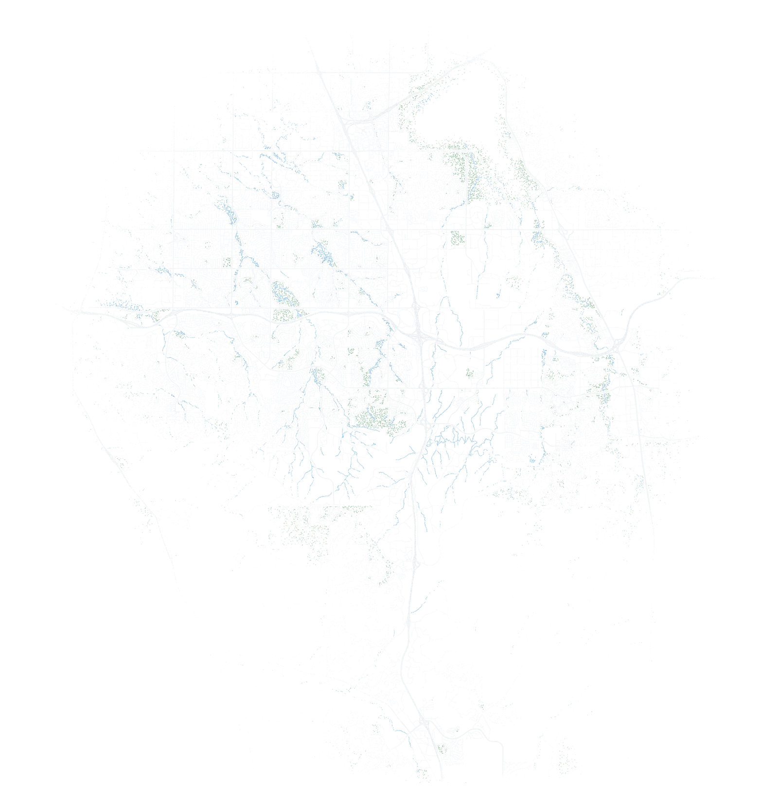 A geographic map of Lone Tree and neighboring communities, made of white road dots, blue water dots, and green park dots.